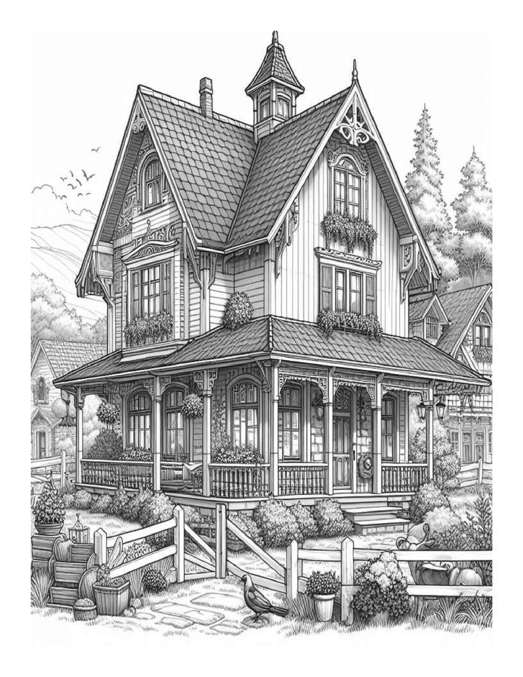 Grayscale Country Homes Coloring Pages for Adults (Printable PDF)