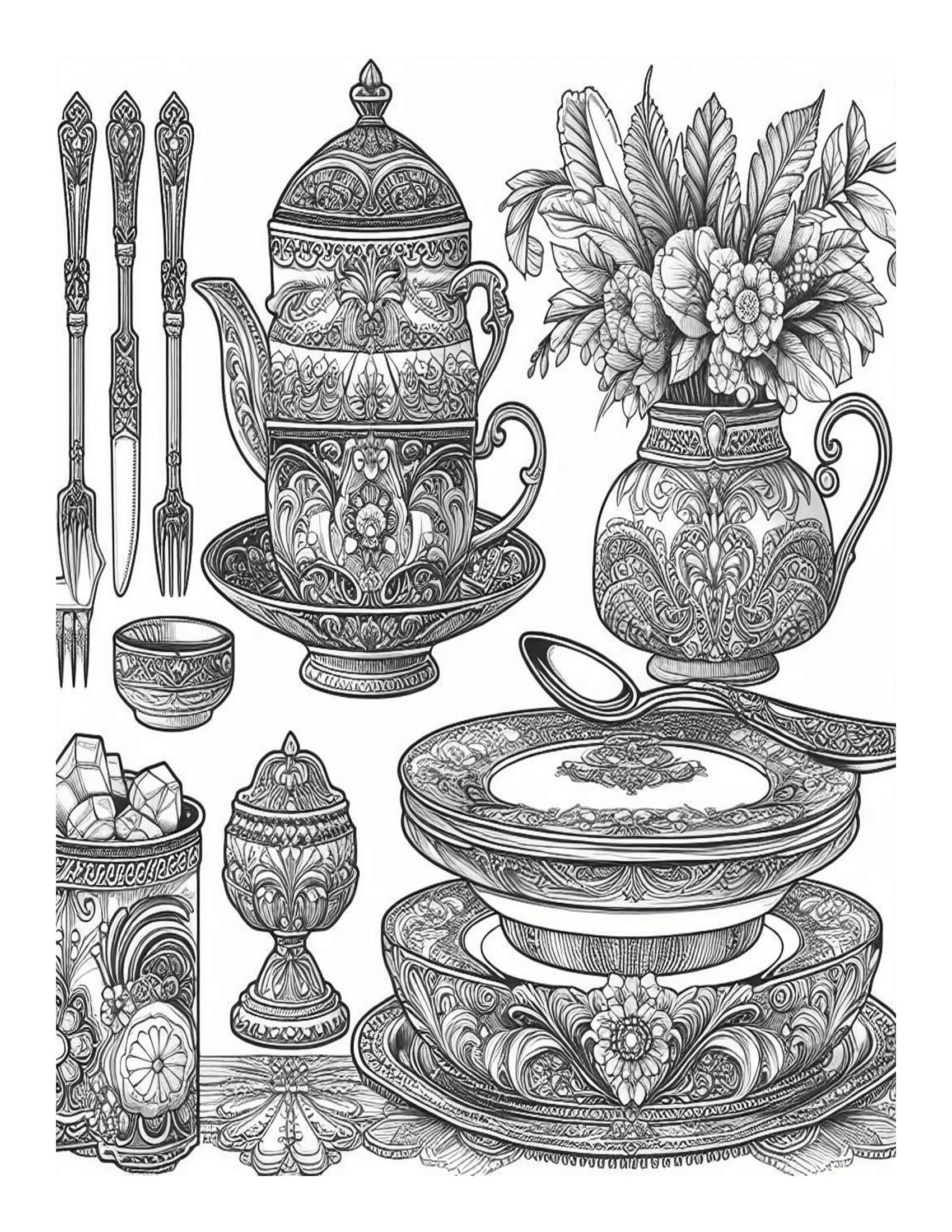 Grayscale Fancy Dishware Set Coloring Pages 
