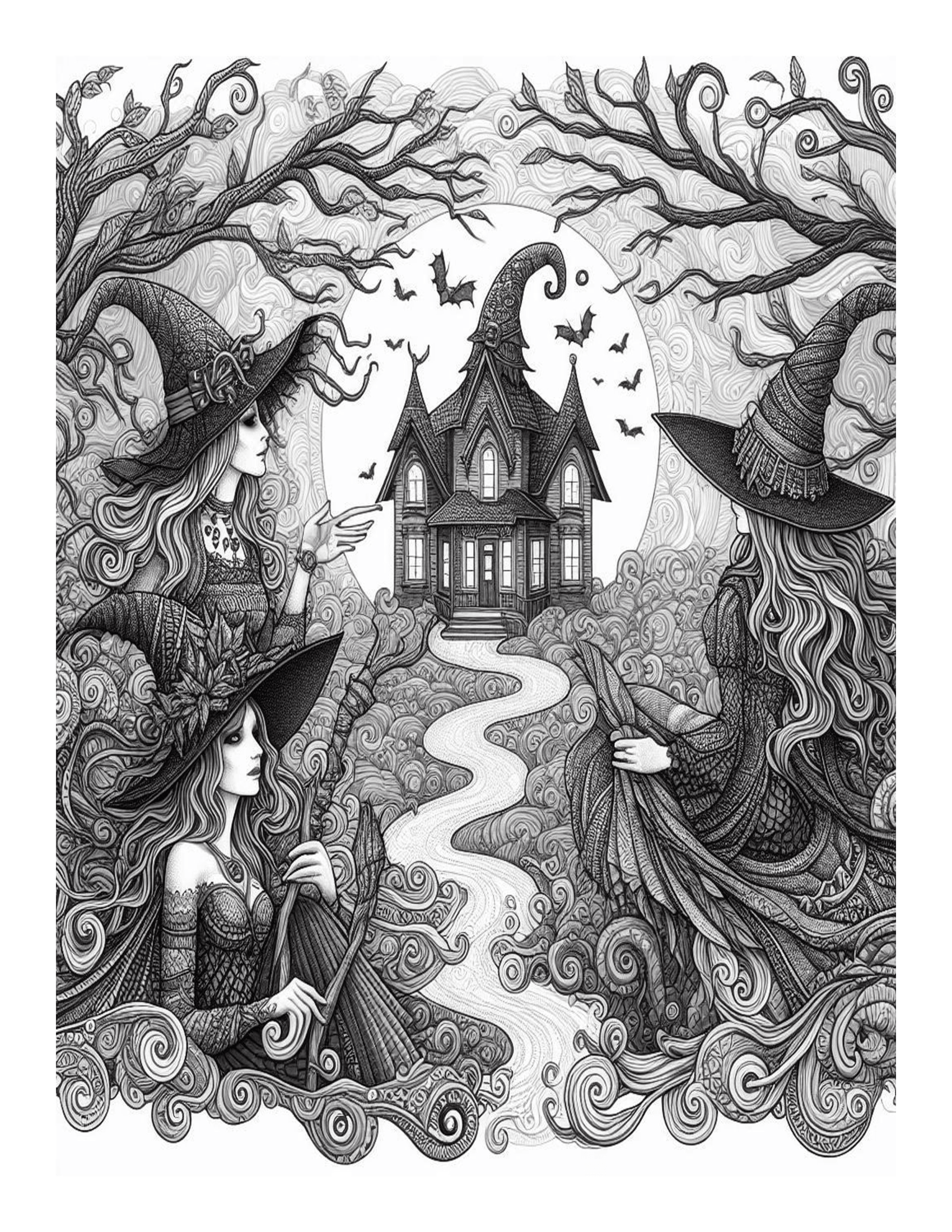 Grayscale Wicked Witches Coloring Pages: Features 25 Printable Coloring Pages 