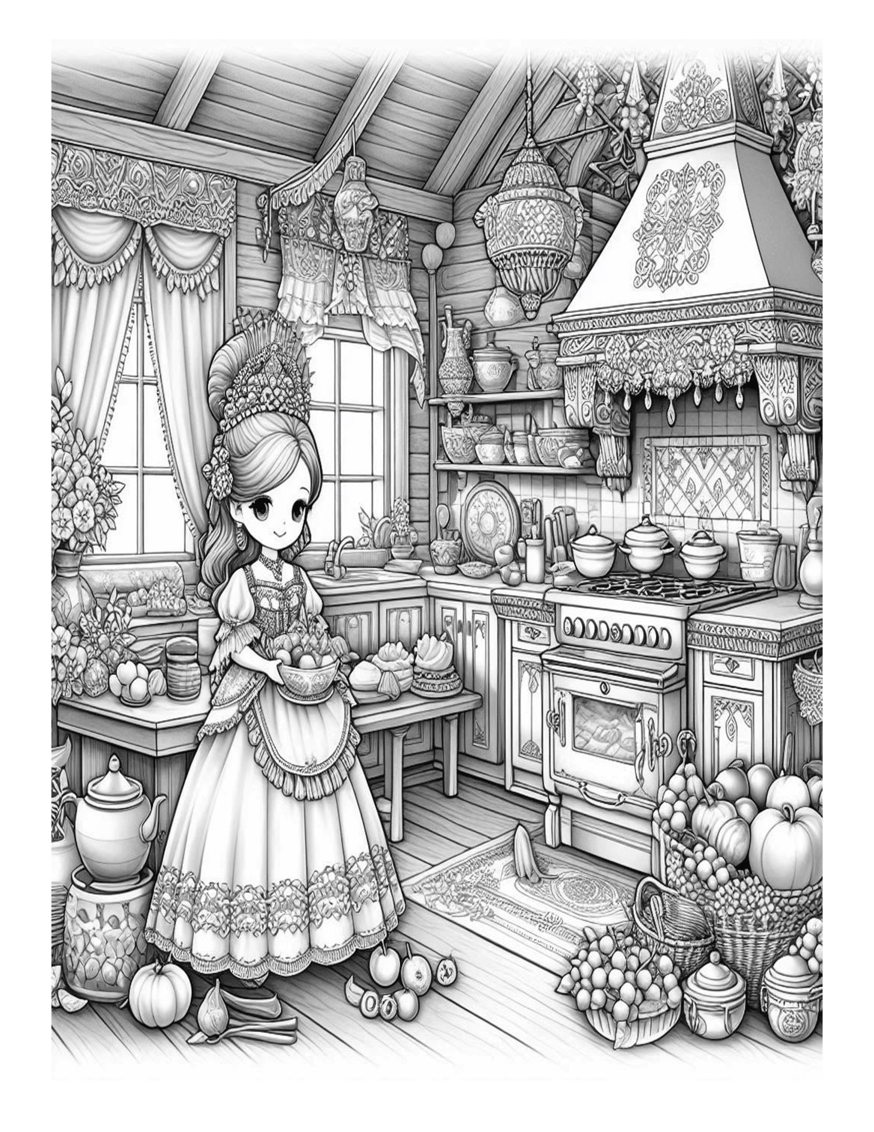 Grayscale Princess Country Kitchen Coloring Pages 