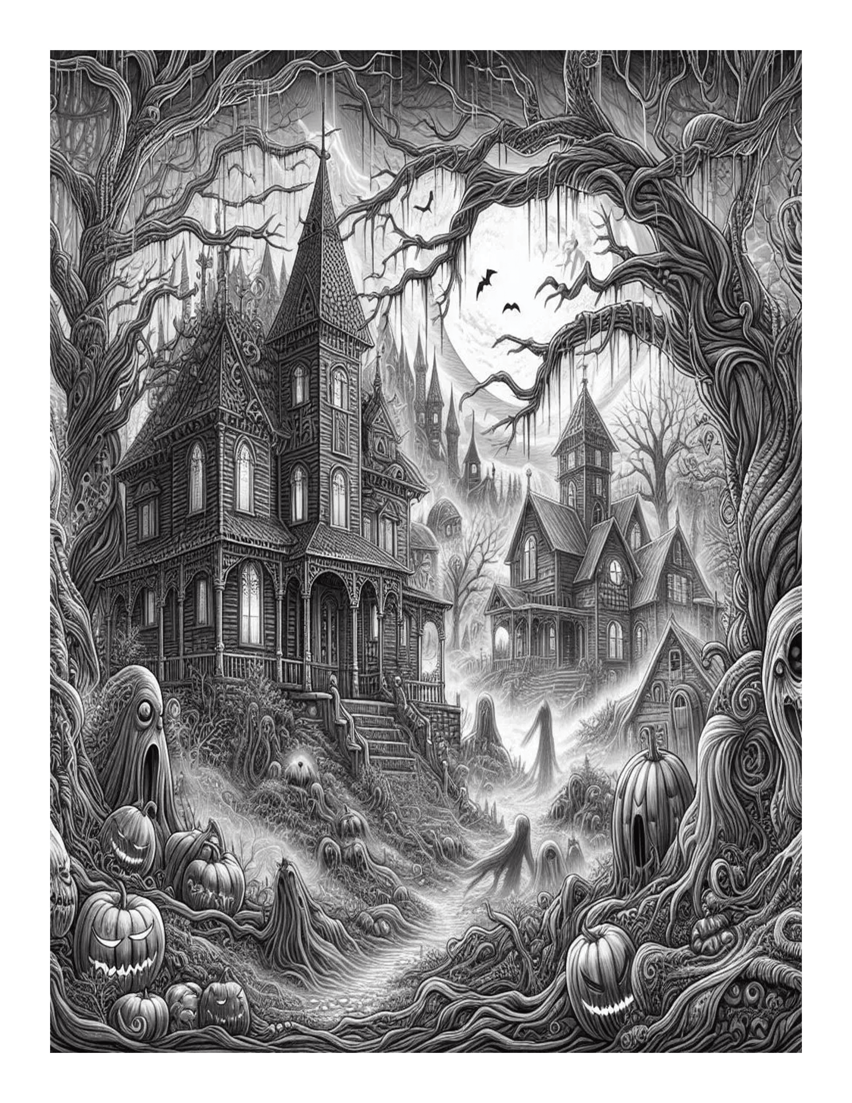Grayscale Chilling Horror Features 25 Printable Coloring Pages for Adults