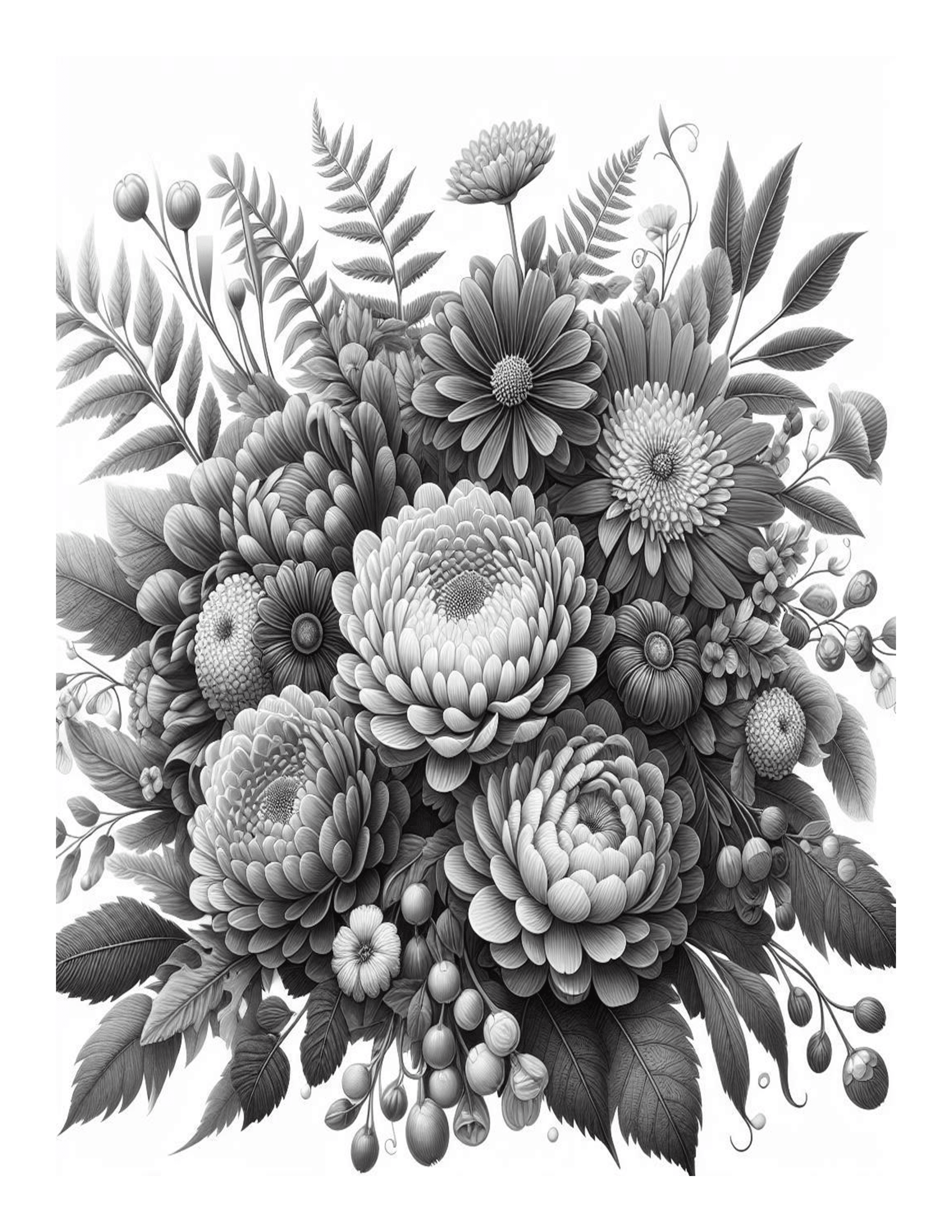 Grayscale Bouquet of Flowers Coloring Pages 
