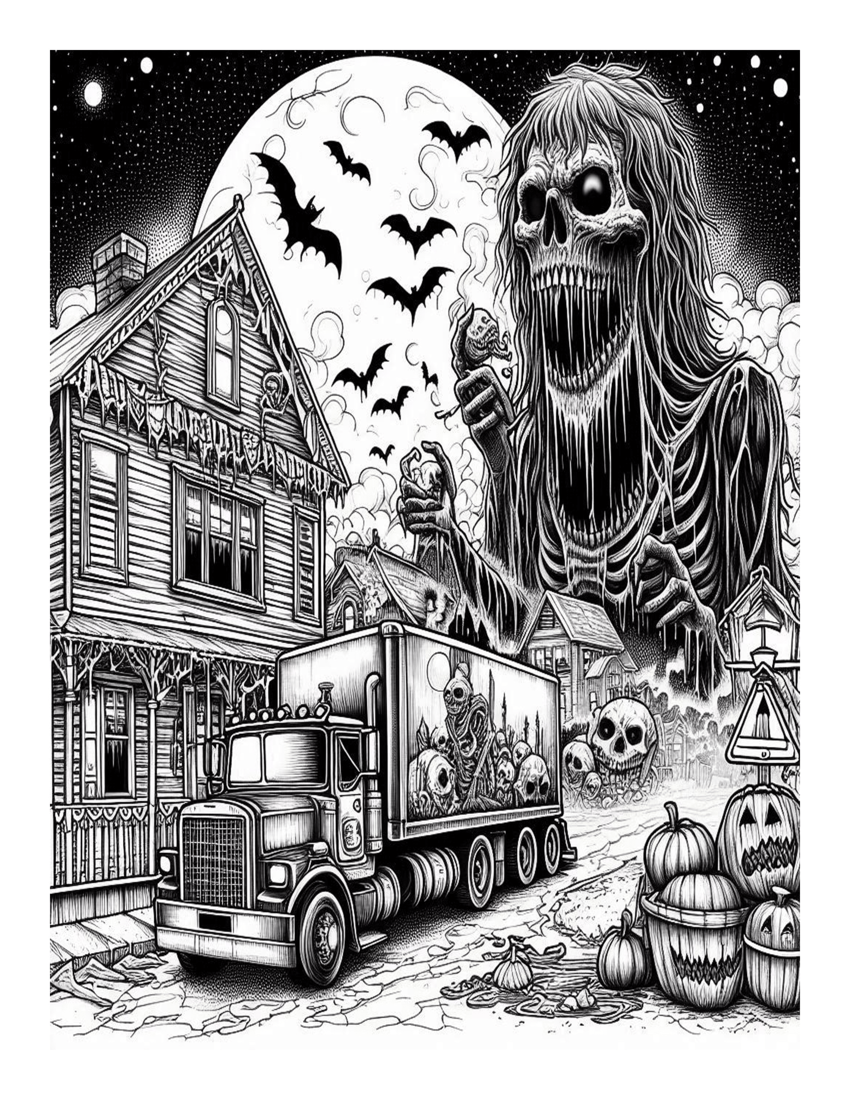 Grayscale Chilling Horror Coloring Pages 