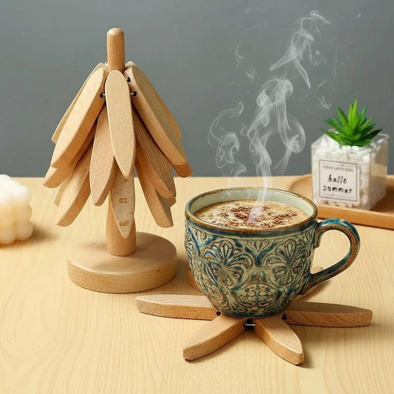 Personalized Wooden Trivet | Collapsible Hot Dish Coaster | Tree Design | Engraved Wood Trivet Set | Christmas Coaster | Housewarming Gift