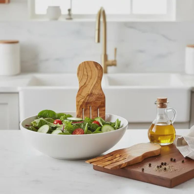 Personalized Olive Wood Salad Servers, Rustic Kitchen Utensils, Engraved Gift