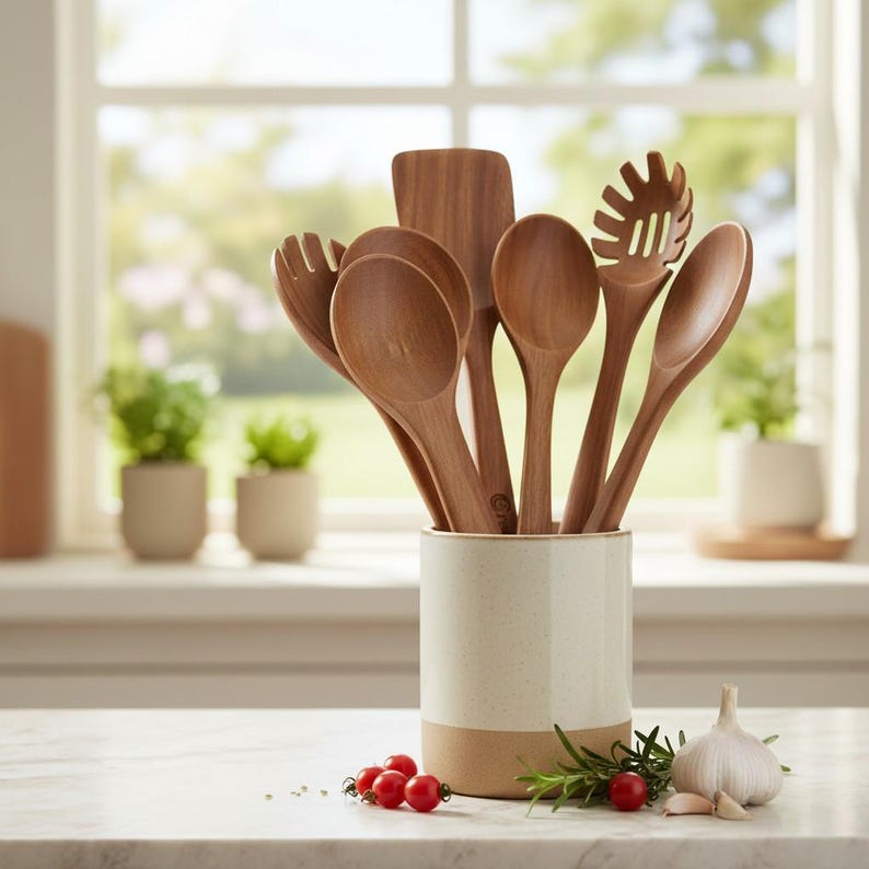 Teak Wood Cooking Utensils Set | Durable Wooden Cooking Tools | Heat-Safe, Nonstick Cookware Safe.