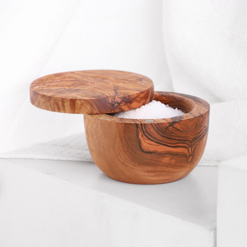 Handmade Olive Wood Salt Cellar with Lid | Rustic Kitchen Spice Keeper, FREE Personalization
