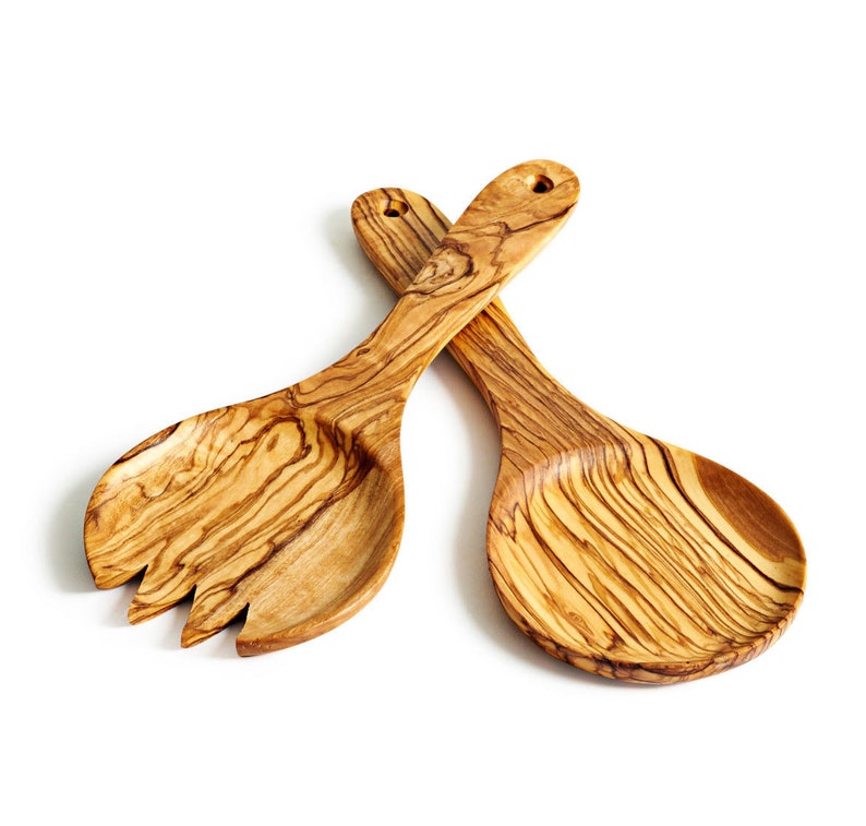 Handmade Olive Wood Serving Utensil Set: Rustic Kitchen Spoon & Fork