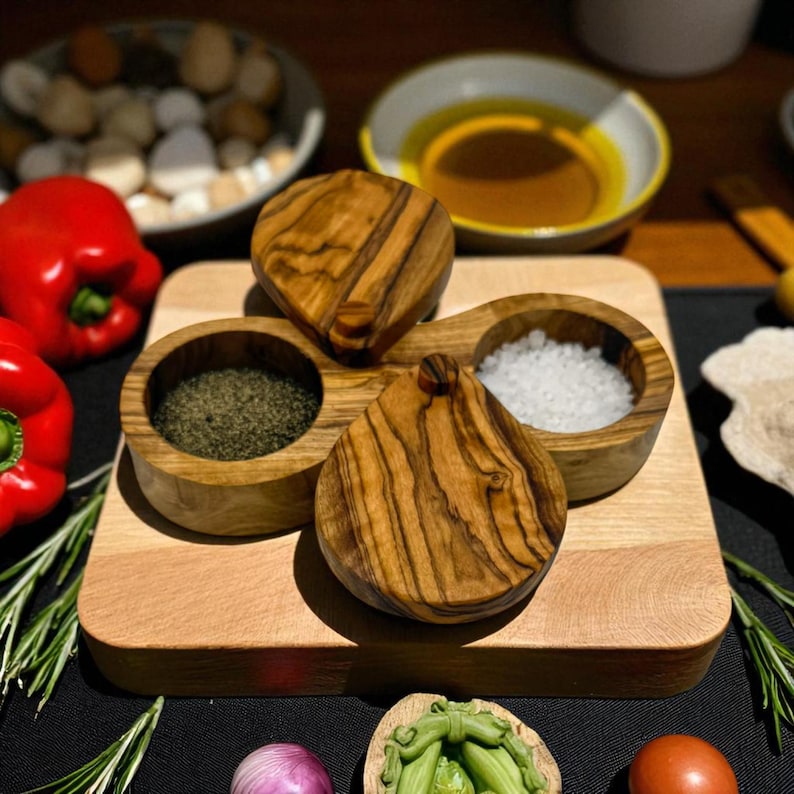 Handcrafted Olive Wood Salt Cellar | Dual Spice Pinch Pot with Swivel Lid