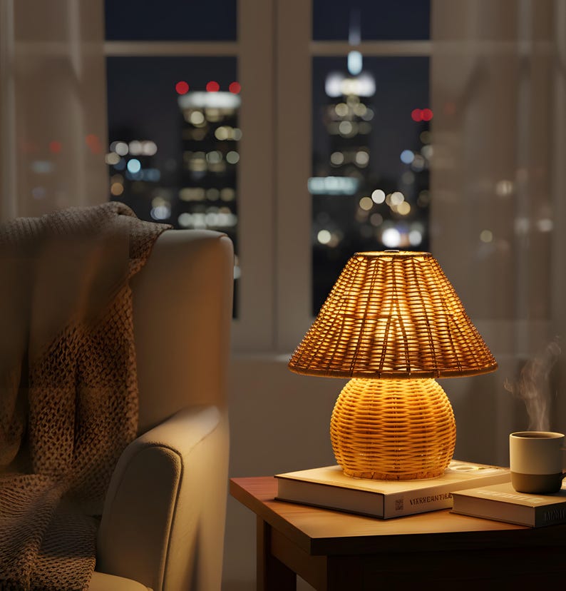 Boho Rattan Table Lamp LED Handmade Bamboo Vintage Bedside Light Living Room Desk Decor
