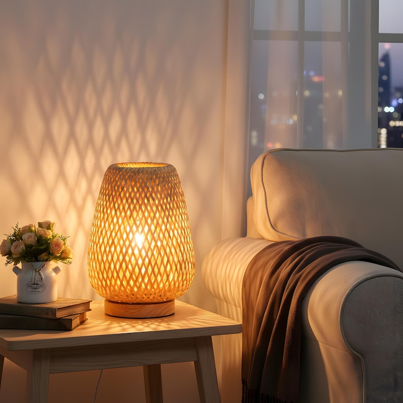 Rattan Dimmable Table Lamp Boho Bamboo Light Small Woven Bedside LED Vintage Nightstand Decor