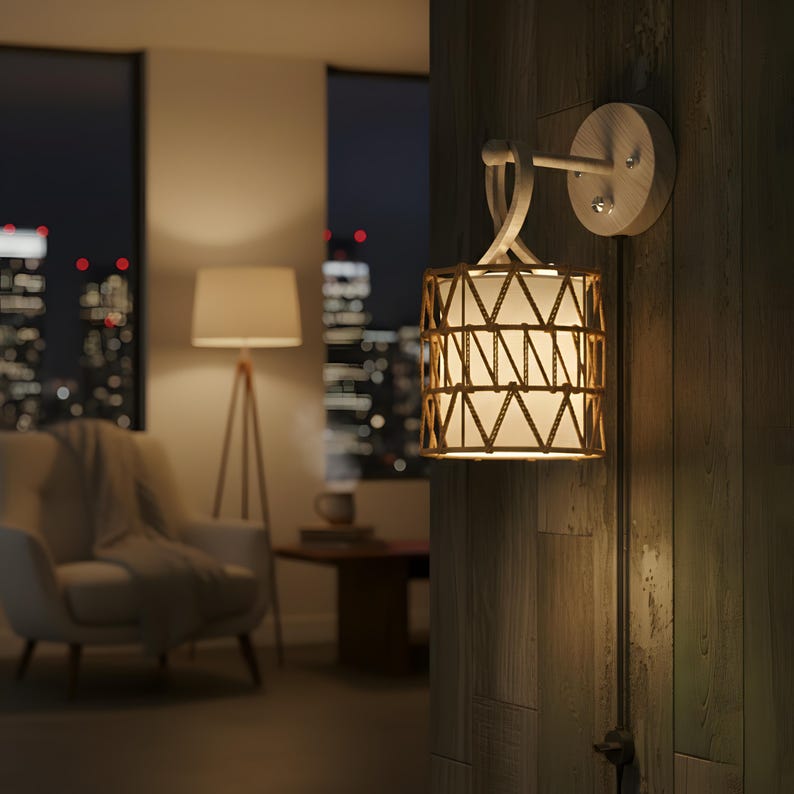 Boho Rattan Wall Sconce Dimmable Plug In Light with Linen Shade Woodgrain Fixture