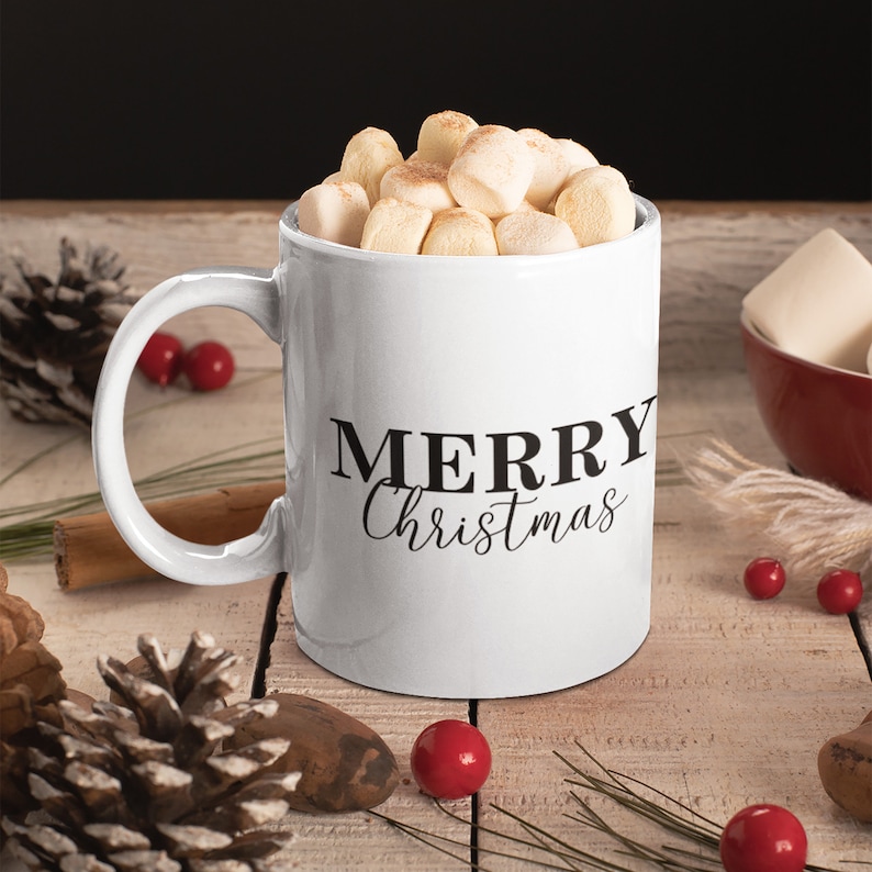 Holiday Cheer Merry Christmas Mug, Minimalist Design in Black Text, 11oz Mug, 15oz Mug, Holiday Mug, Secret Santa Gift, White Elephant Gift