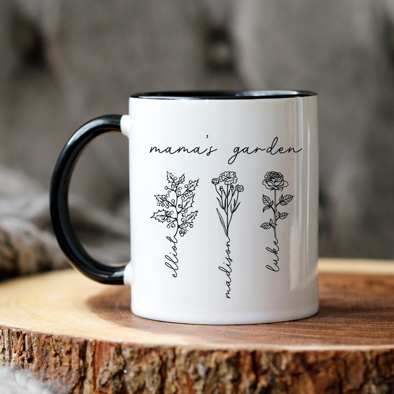 Cute Birth Flower Garden Mug for Mom, MotherÕs Day Gift Idea, Garden Lovers Coffee Cup, Personalized Botanical Design 11oz & 15oz