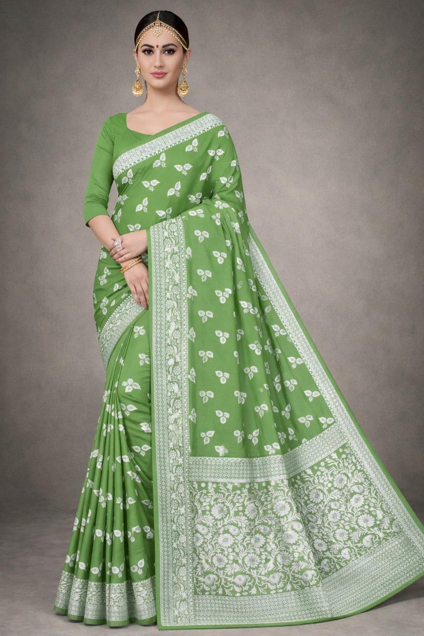 Elegant Green Floral Printed Saree