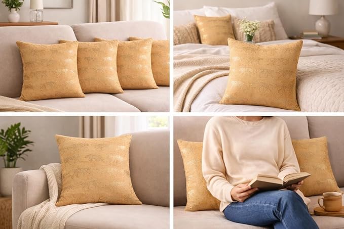 Tiflor Premium Festive Cushion Covers – Golden| 16x16 Inch | Foil Print & Zari Work | Soft Polyester (Set of 5)