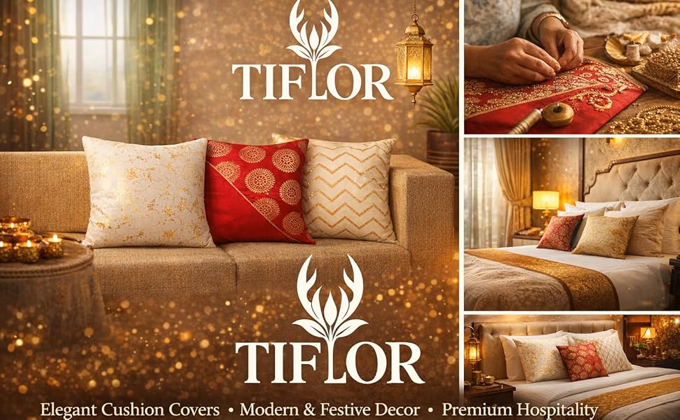 Tiflor Premium Festive Cushion Covers – Red and Gold | 16x16 Inch | Foil Print & Zari Work | Soft Polyester (Set of 5)