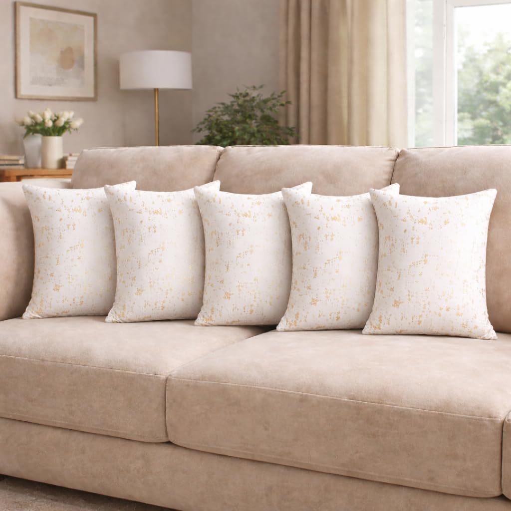 Tiflor Premium Festive Cushion Covers – White | 16x16 Inch | Foil Print & Zari Work | Soft Polyester (Set of 5)