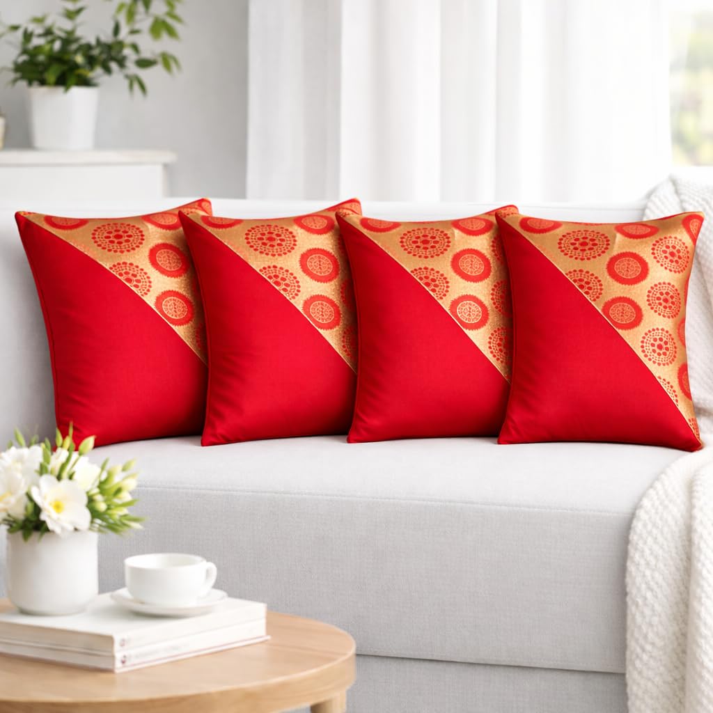Tiflor Premium Festive Cushion Covers – Red and Gold | 16x16 Inch | Foil Print & Zari Work | Soft Polyester (Set of 4)