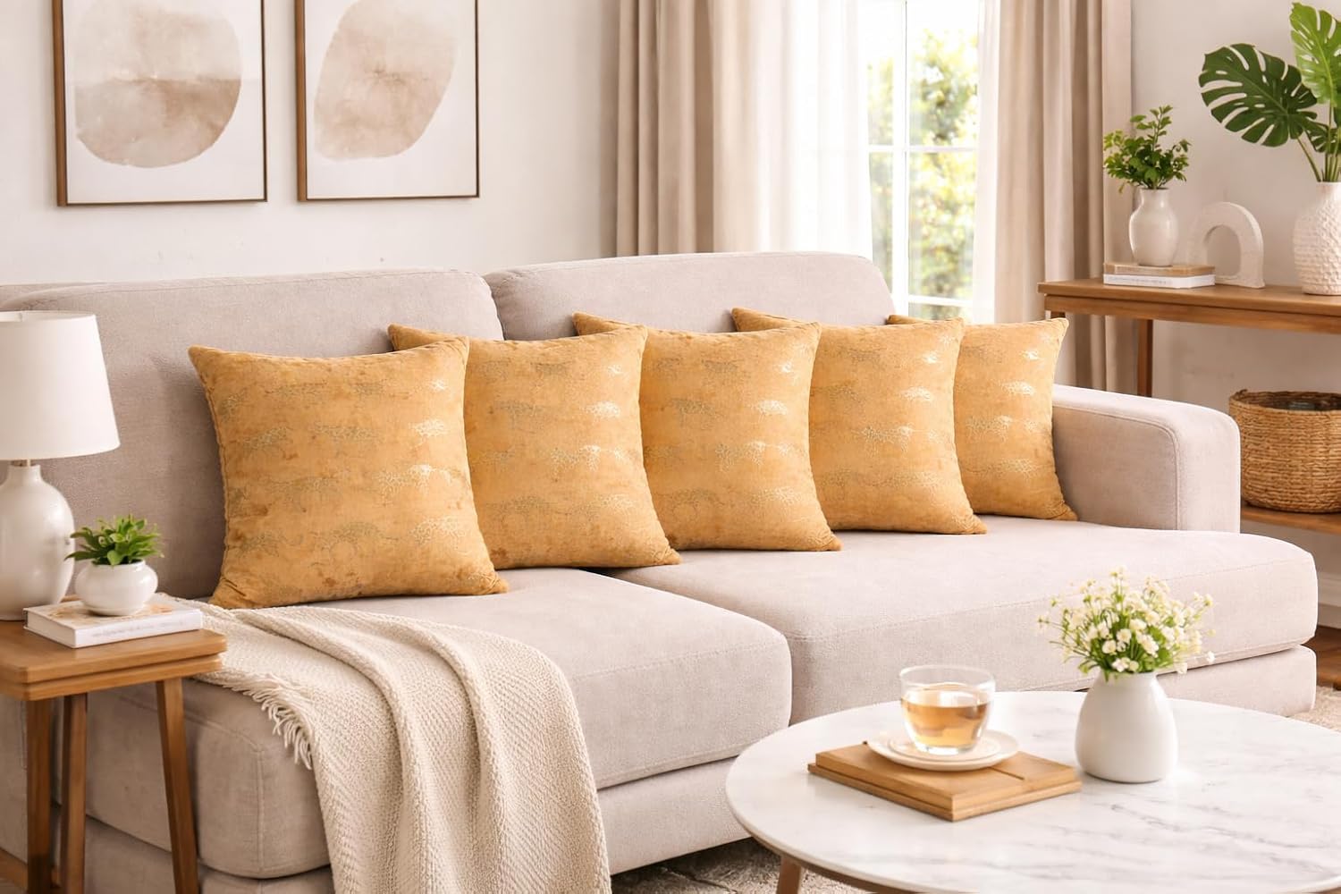 Tiflor Premium Festive Cushion Covers – Golden| 16x16 Inch | Foil Print & Zari Work | Soft Polyester (Pack of 5)