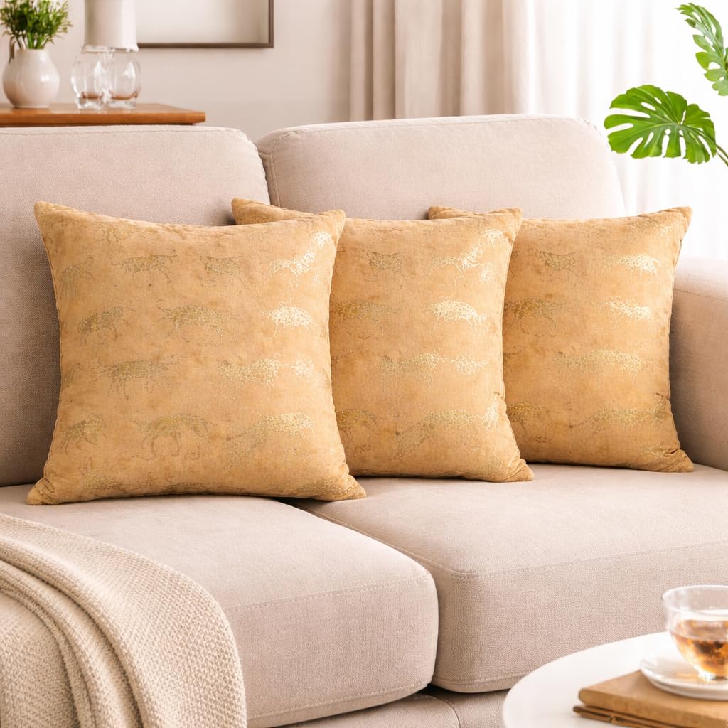Tiflor Premium Festive Cushion Covers – Golden| 16x16 Inch | Foil Print & Zari Work | Soft Polyester (Set of 3)