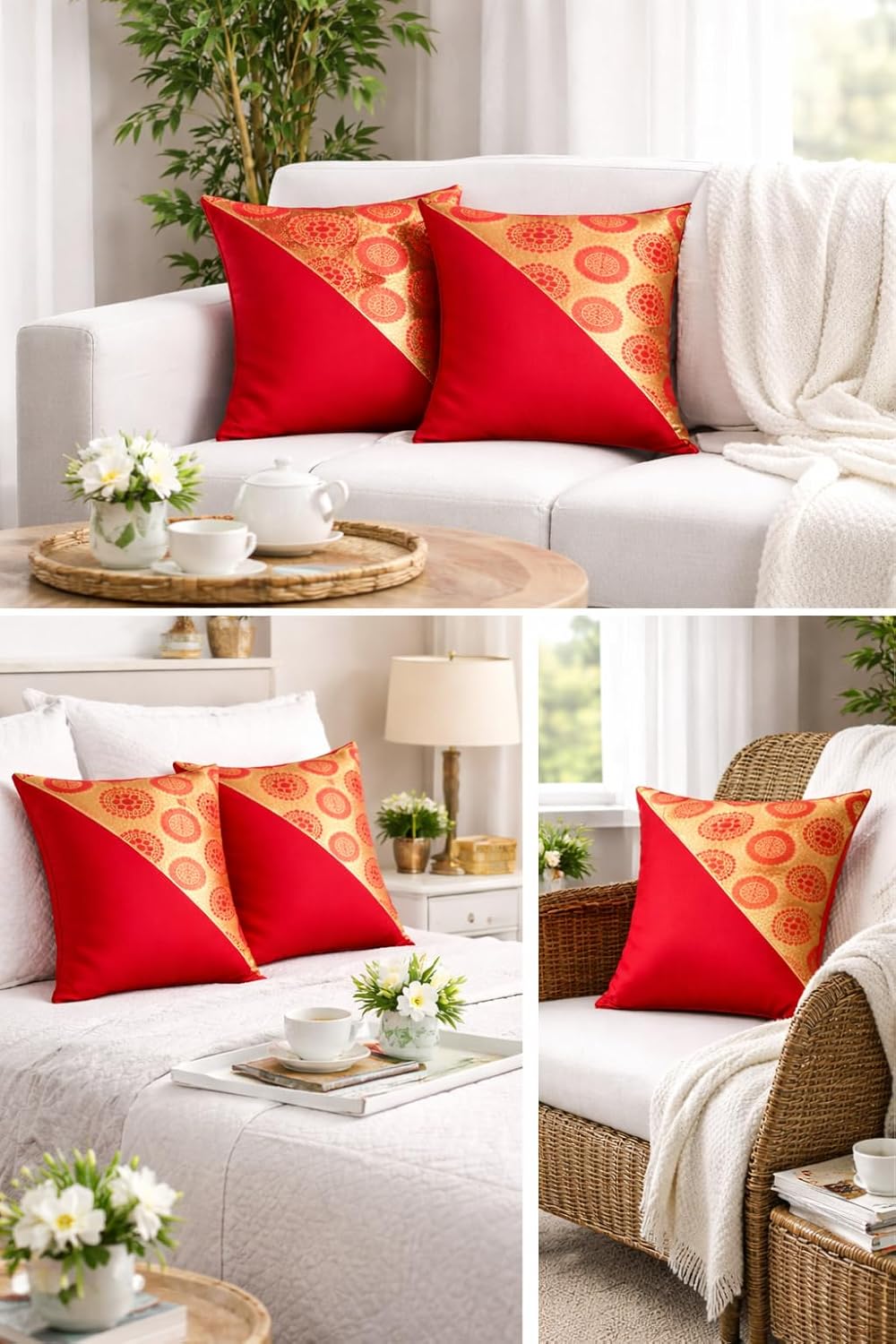 Tiflor Premium Festive Cushion Covers – Red and Gold | 16x16 Inch | Foil Print & Zari Work | Soft Polyester (Set of 4)