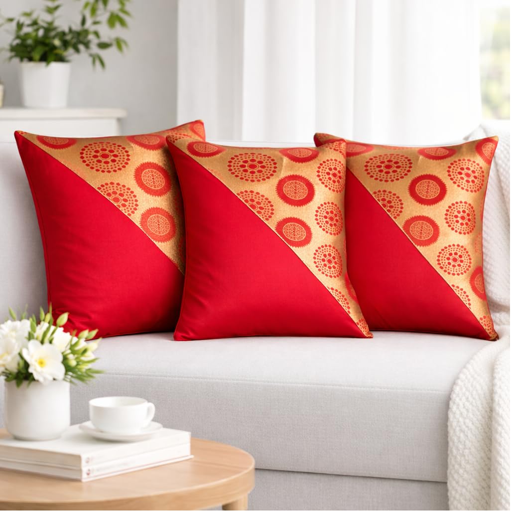 Tiflor Premium Festive Cushion Covers – Red and Gold | 16x16 Inch | Foil Print & Zari Work | Soft Polyester (Set of 3)
