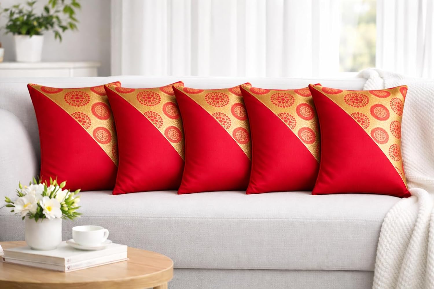 Tiflor Premium Festive Cushion Covers – Red and Gold | 16x16 Inch | Foil Print & Zari Work | Soft Polyester (Set of 5)