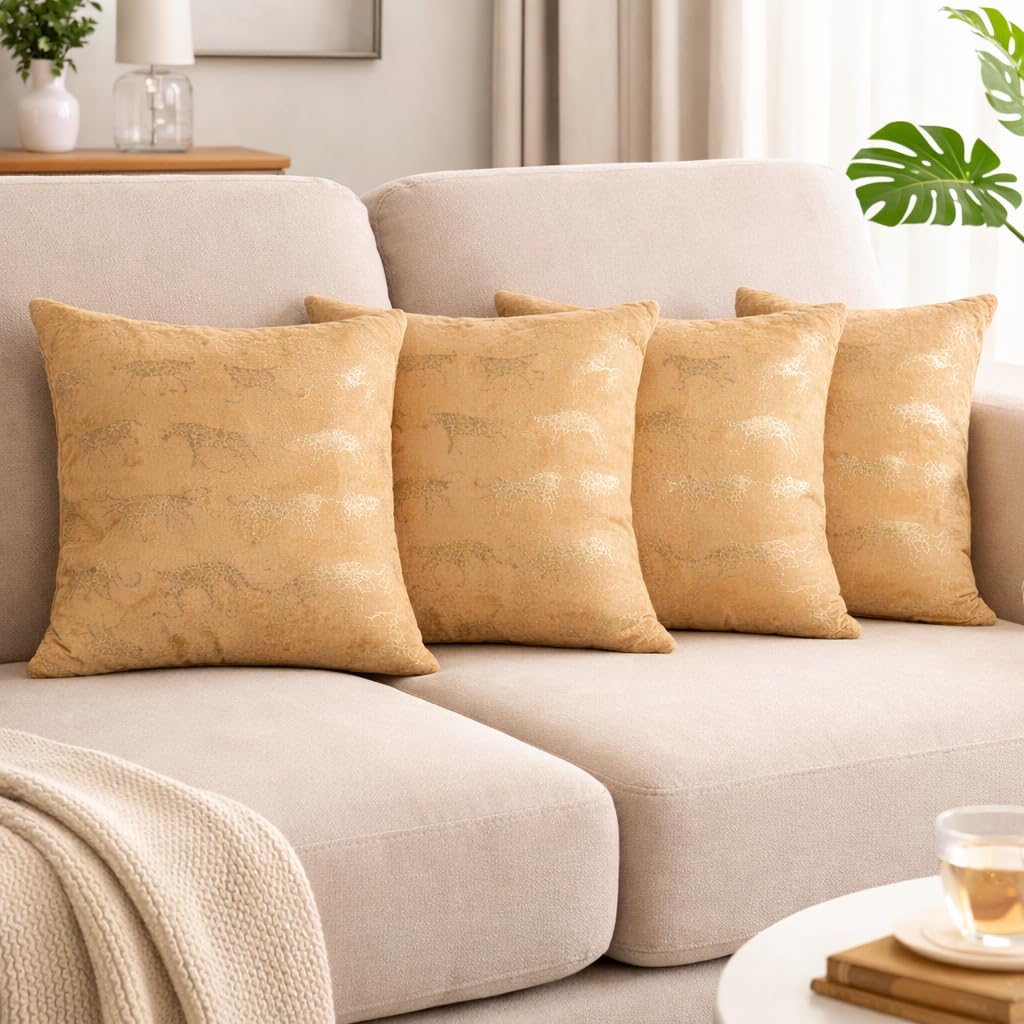 Tiflor Premium Festive Cushion Covers – Golden| 16x16 Inch | Foil Print & Zari Work | Soft Polyester (Set of 5)