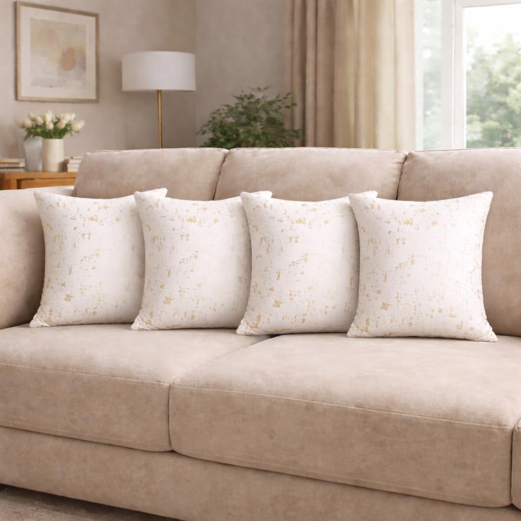 Tiflor Premium Festive Cushion Covers – White | 16x16 Inch | Foil Print & Zari Work | Soft Polyester (Set of 4)
