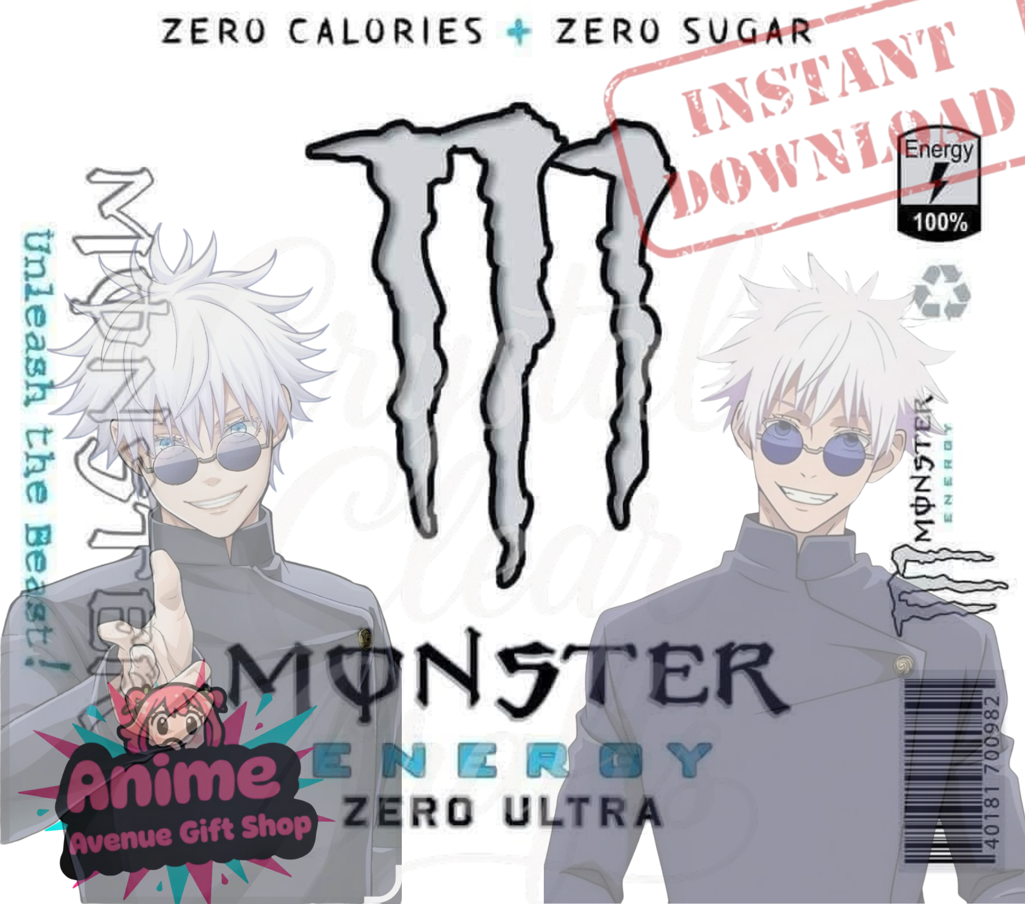 Anime-Inspired Monster Energy Zero Ultra Gojo 20oz Digital Tumbler Wrap