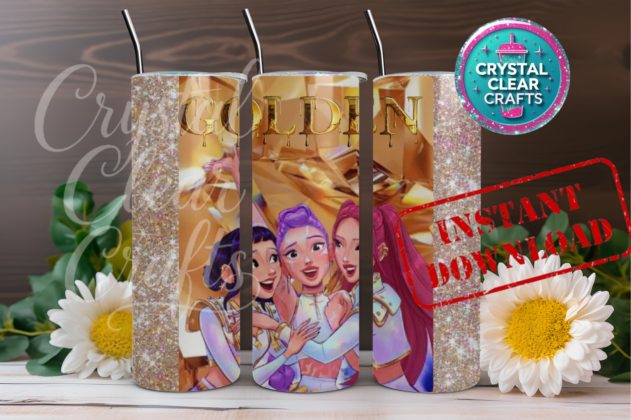 20oz Golden Glitter Tumbler Digital Wrap Sraight and Tapered