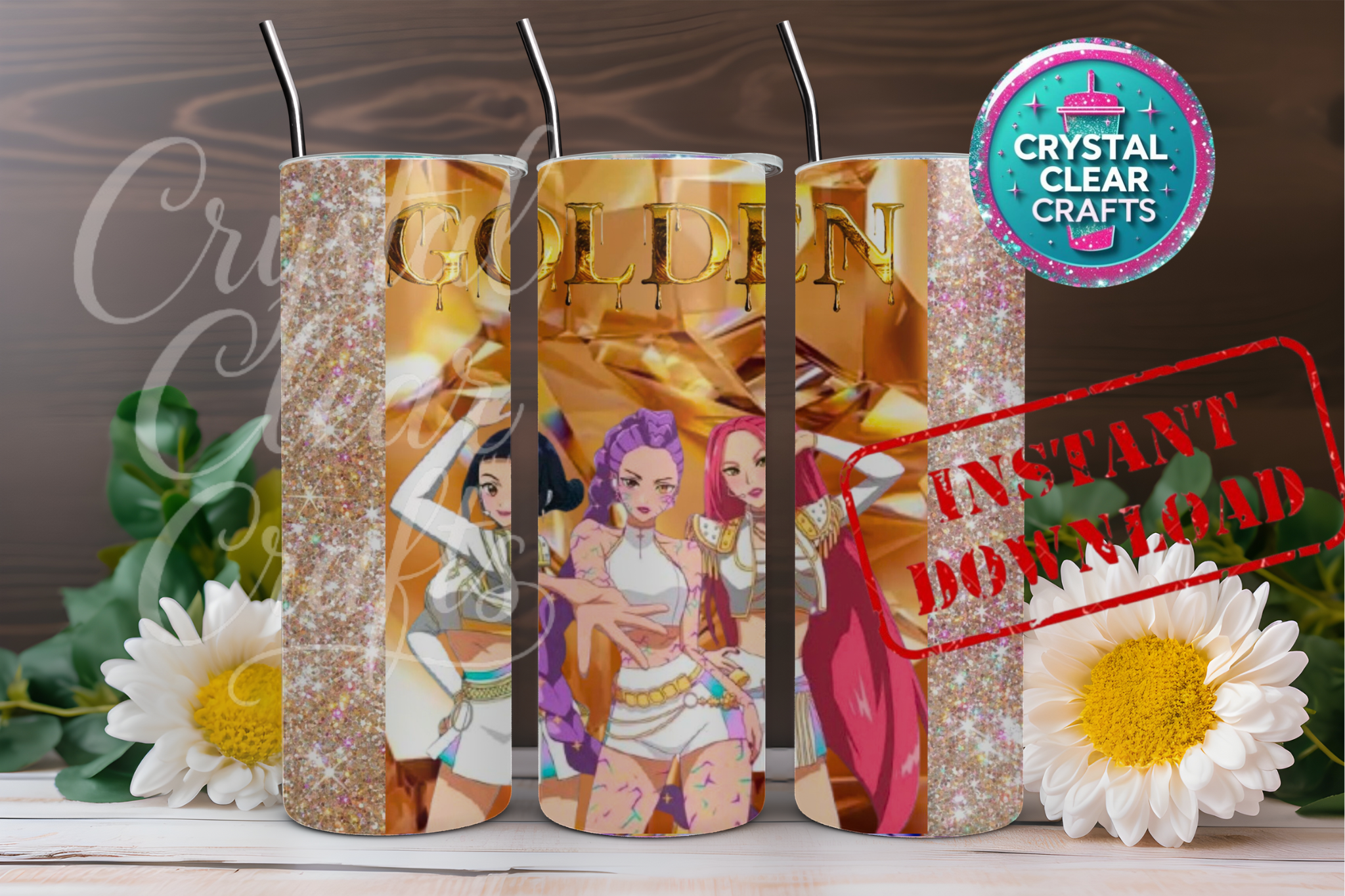 20oz Gold Anime Inspired Digital Tumbler Wrap Straight and Tapered