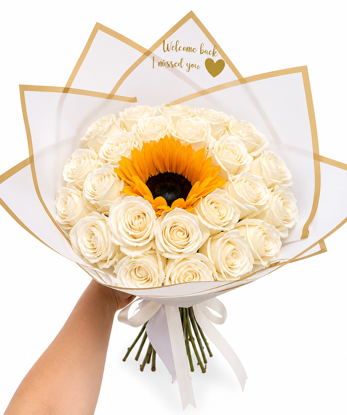 Ramo de girasol y rosas blancas