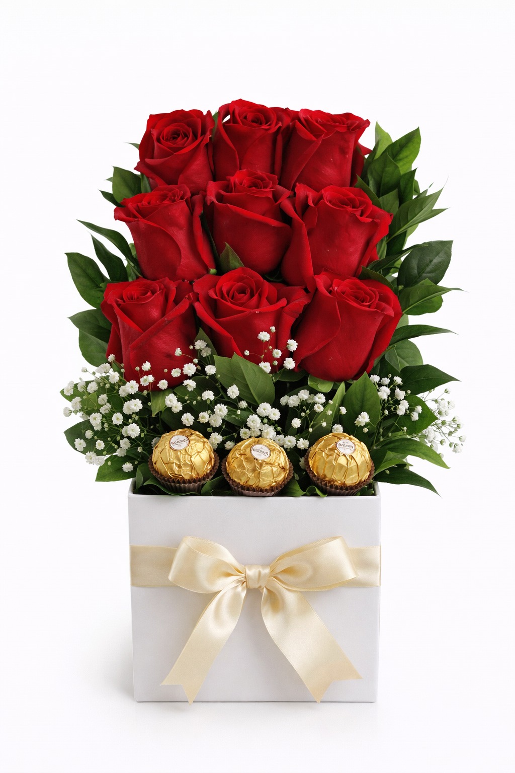 Arreglo de rosas rojas y chocolates