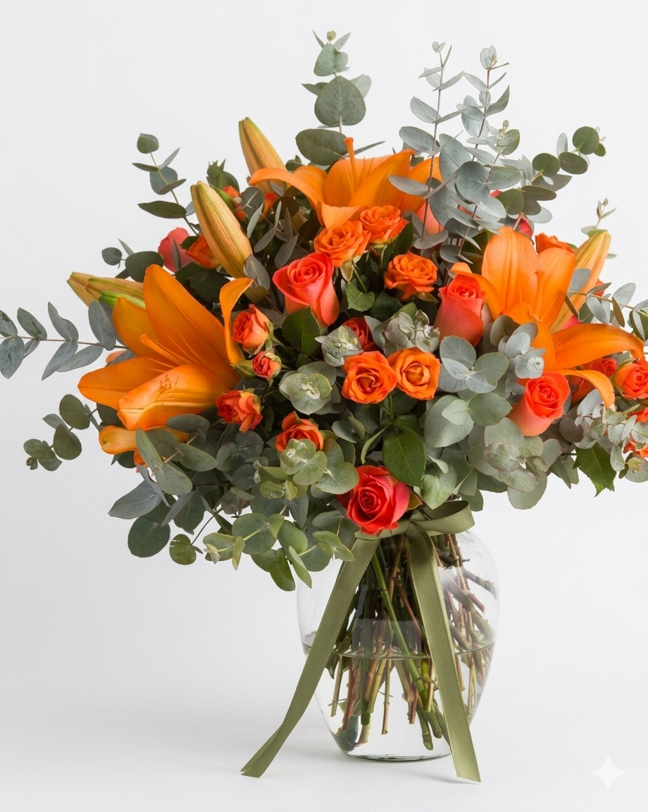 Arreglo Floral Naranja y Eucalipto