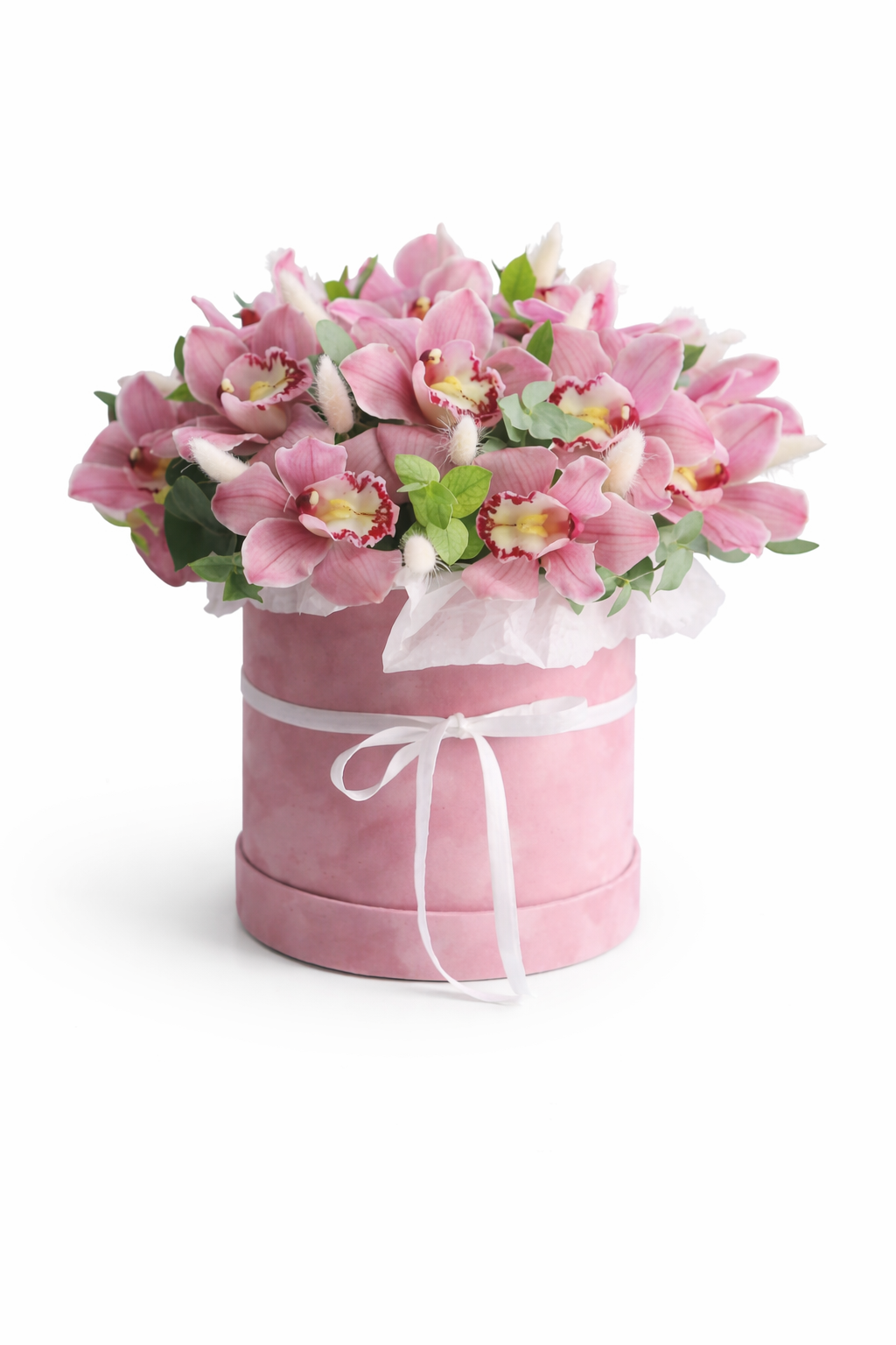 Caja de flores rosas orquídeas 