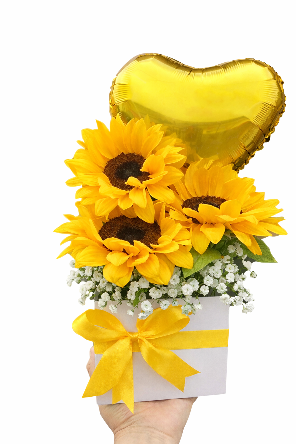 Arreglo de girasoles y globo corazón