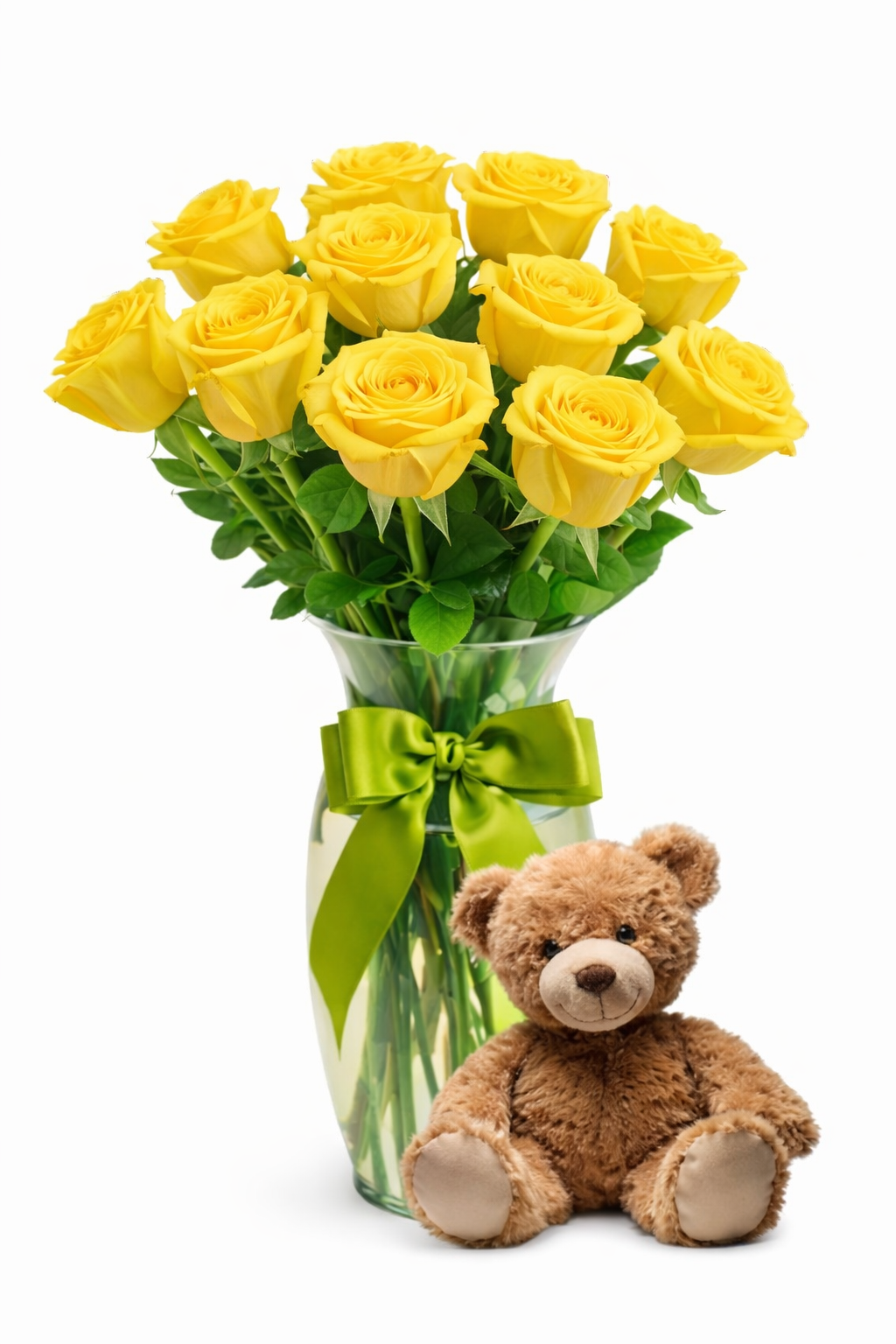 Rosas Amarillas con Jarrón y Osito