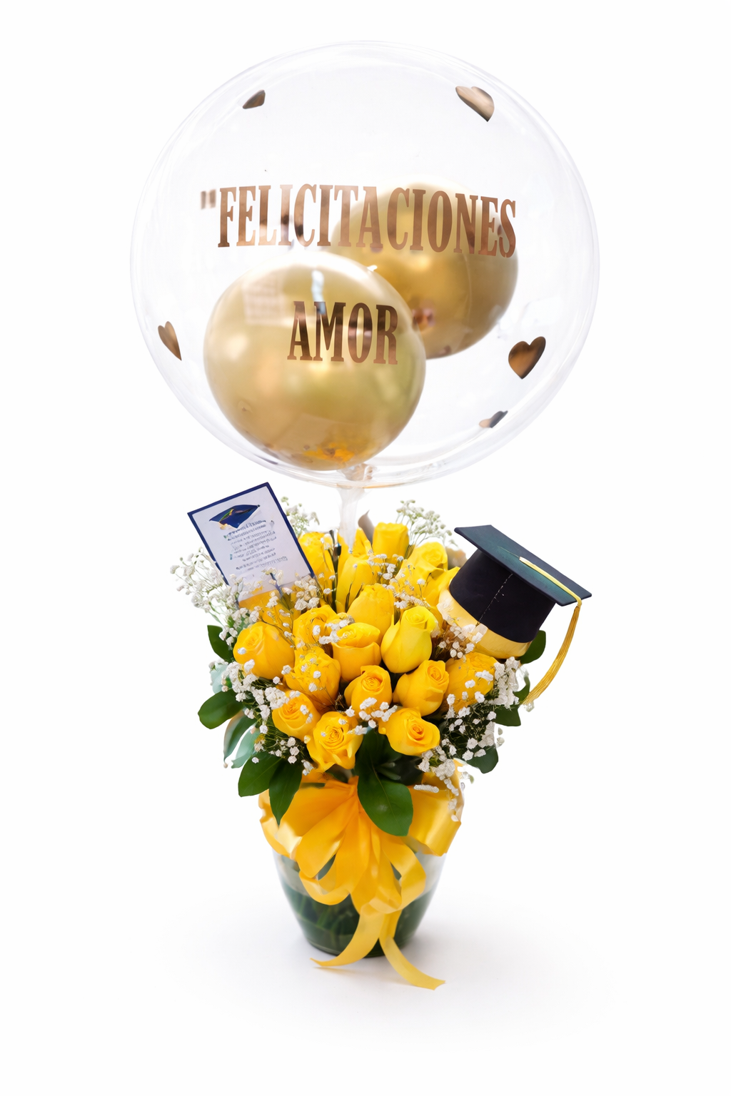 Arreglo de rosas amarillas con globo personalizado