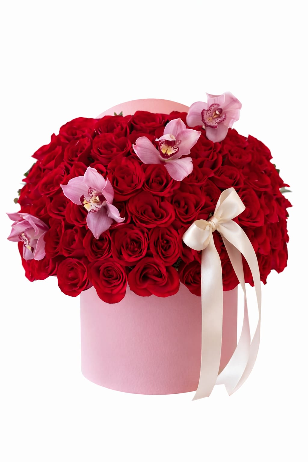 Caja de Rosas Rojas y Orquídeas