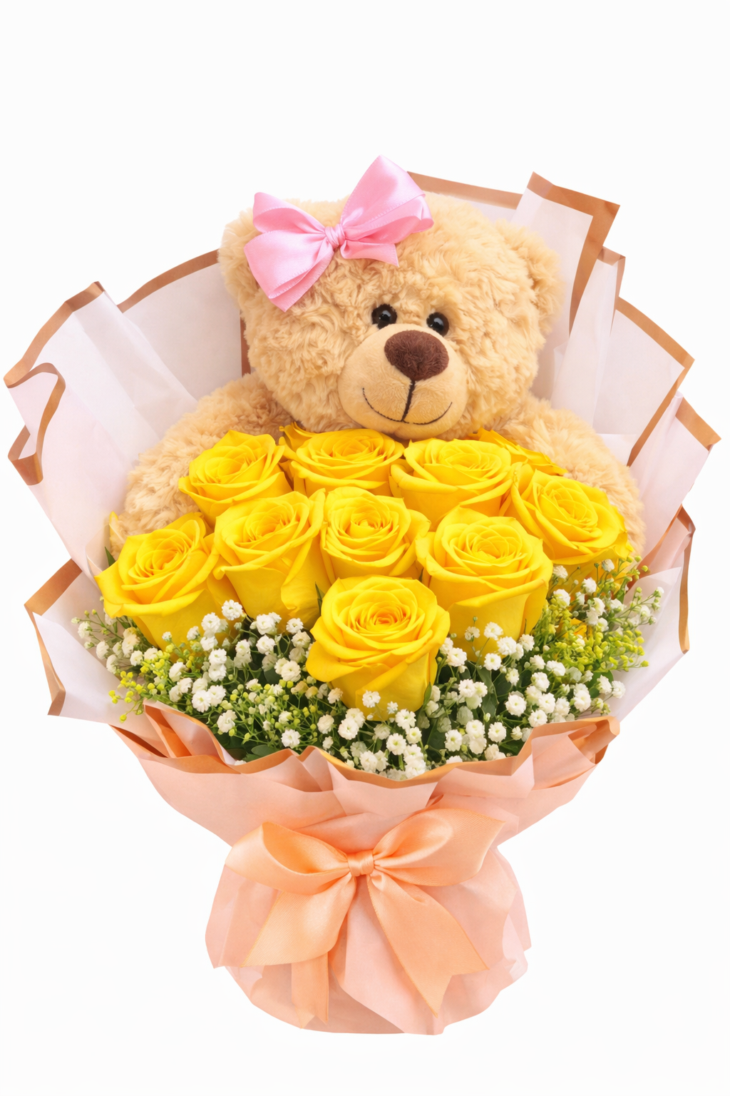 Ramo de rosas amarillas con oso de peluche