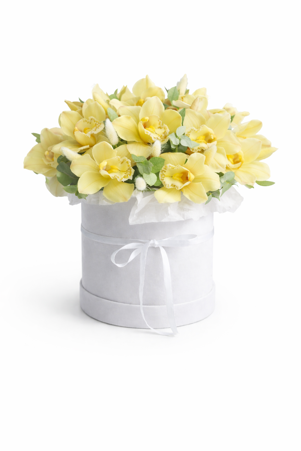 Caja de flores rosas orquídeas 