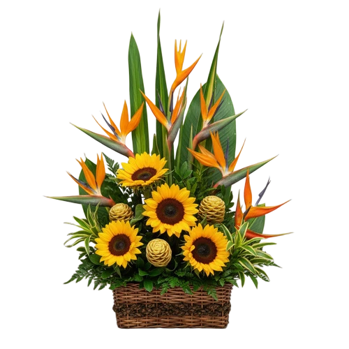 Arreglo floral de girasoles y aves del paraíso