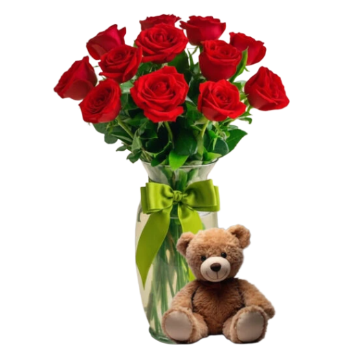 Ramo de rosas rojas con osito de peluche