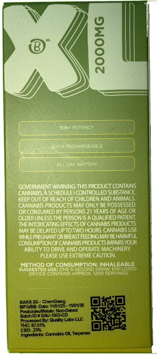 Bars XL Chemdawg Vape Cartridge