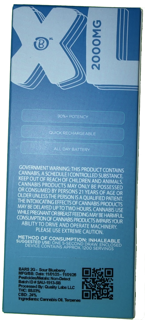 Bars XL Sour Blueberry Vape Cartridge