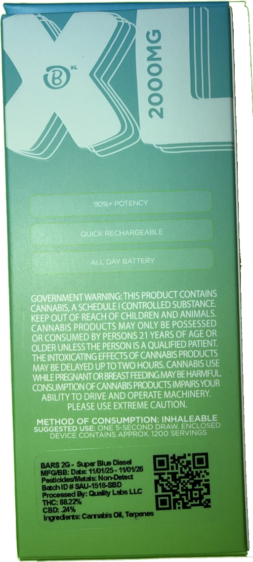 Bars XL Super Blue Diesel Vape Cartridge