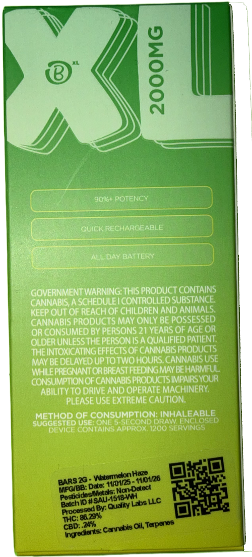 Bars XL Watermelon Haze Vape Cartridge
