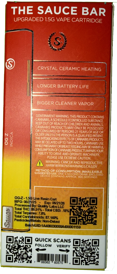 Sauce Essentials OG Z Indica Vape Cartridge